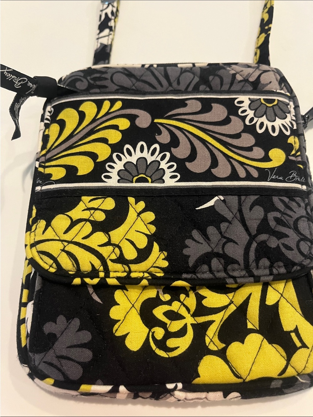 Vera Bradley Black Yellow Gray Floral Quilted Crossbody